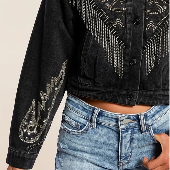 NEW blue b Black Rhinestone Chevron Fringe Cowboy Stitch Western Denim Jacket S - Picture 4 of 6